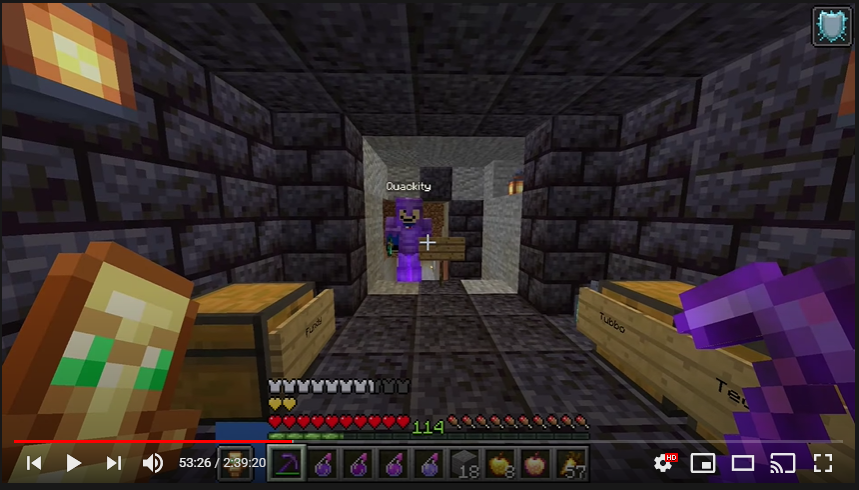This is a screenshot from Techno's stream. He's standin in the Final Control Room, still covered in black stone bricks. The five chests are still inside, but one of the signs now reads Techno. Quackity stands at the entrace to the Final Control Room in full netherite armor. Techno is holding a netherite pickaxe and a totem of undying in his off-hand. His hotbar is filled with potions and golden apples.